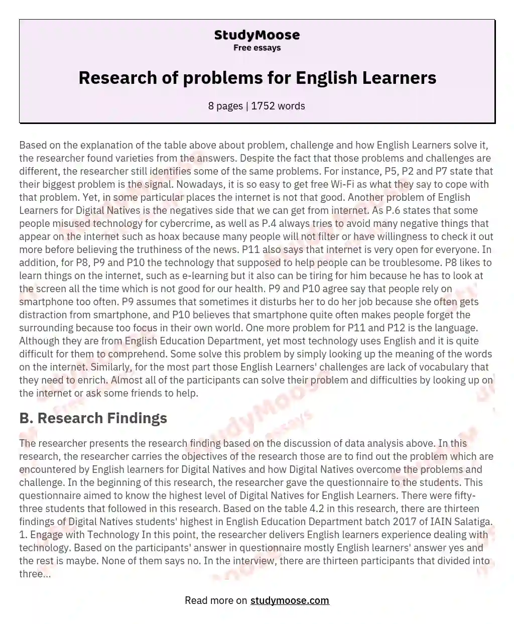 Research of problems for English Learners essay