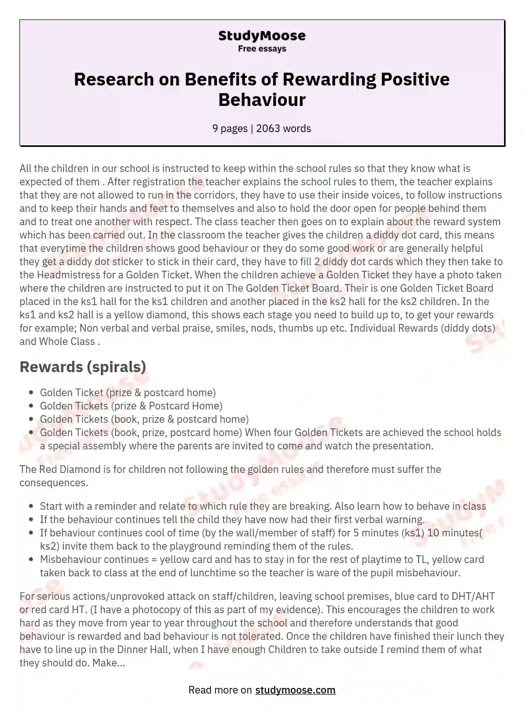 Research on Benefits of Rewarding Positive Behaviour essay