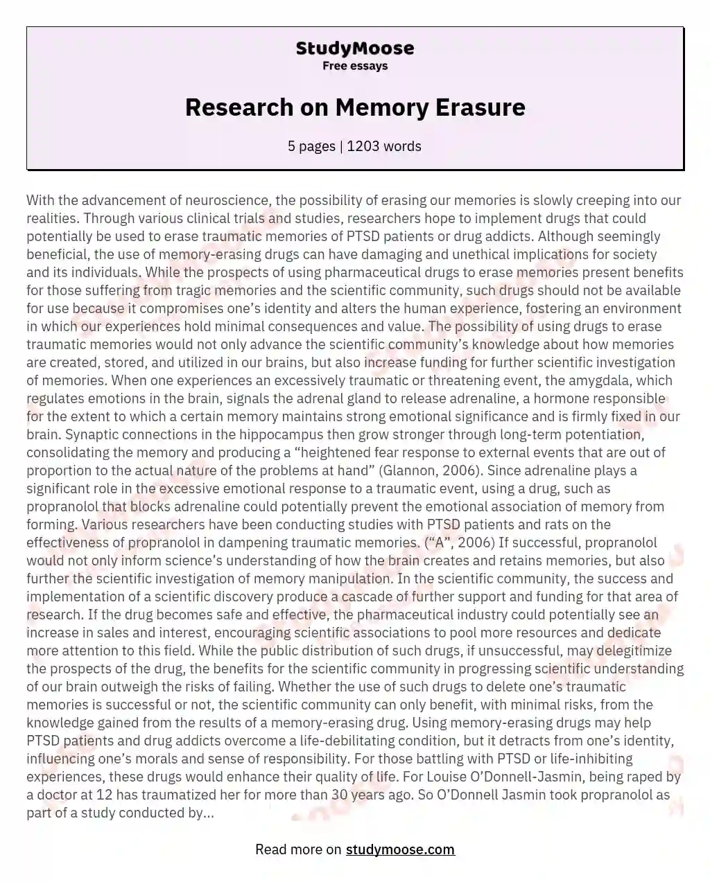 Research on Memory Erasure essay