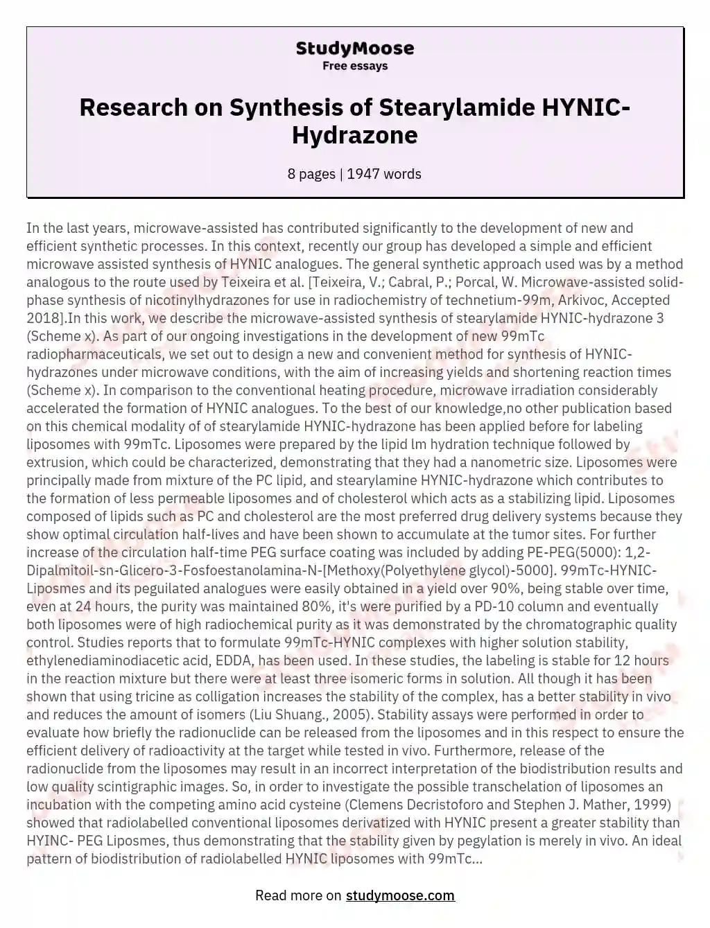 Research on Synthesis of Stearylamide HYNIC-Hydrazone essay