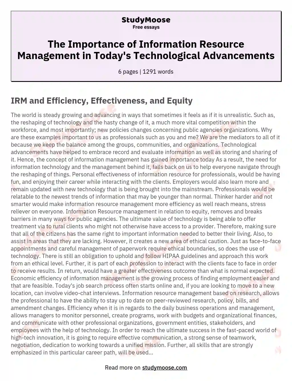 The Importance of Information Resource Management in Today's Technological Advancements essay