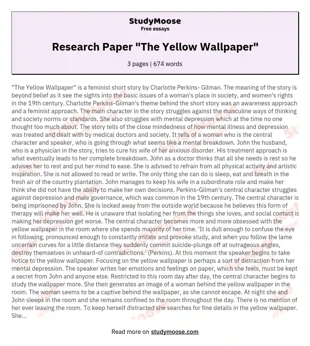 The Yellow Wallpaper Feminism  Free Essay Example  1428 Words   PapersOwlcom