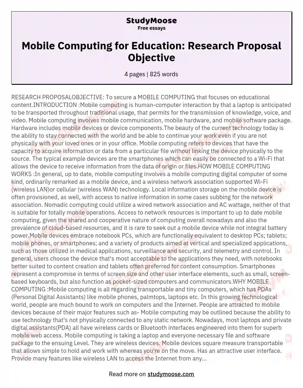 RESEARCH PROPOSALOBJECTIVE To secure a MOBILE COMPUTING that focuses on educational contentINTRODUCTION