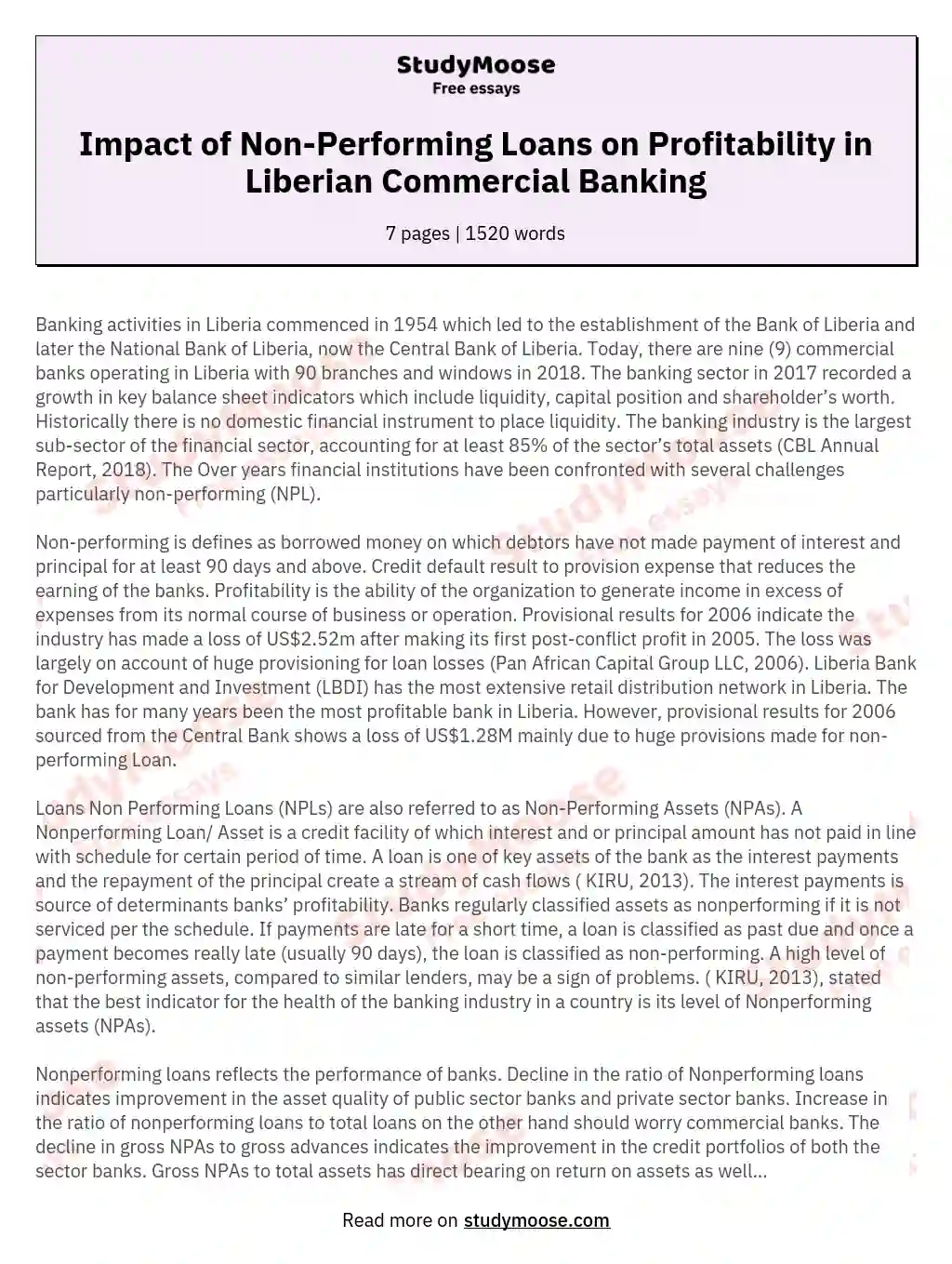 Impact of Non-Performing Loans on Profitability in Liberian Commercial Banking essay