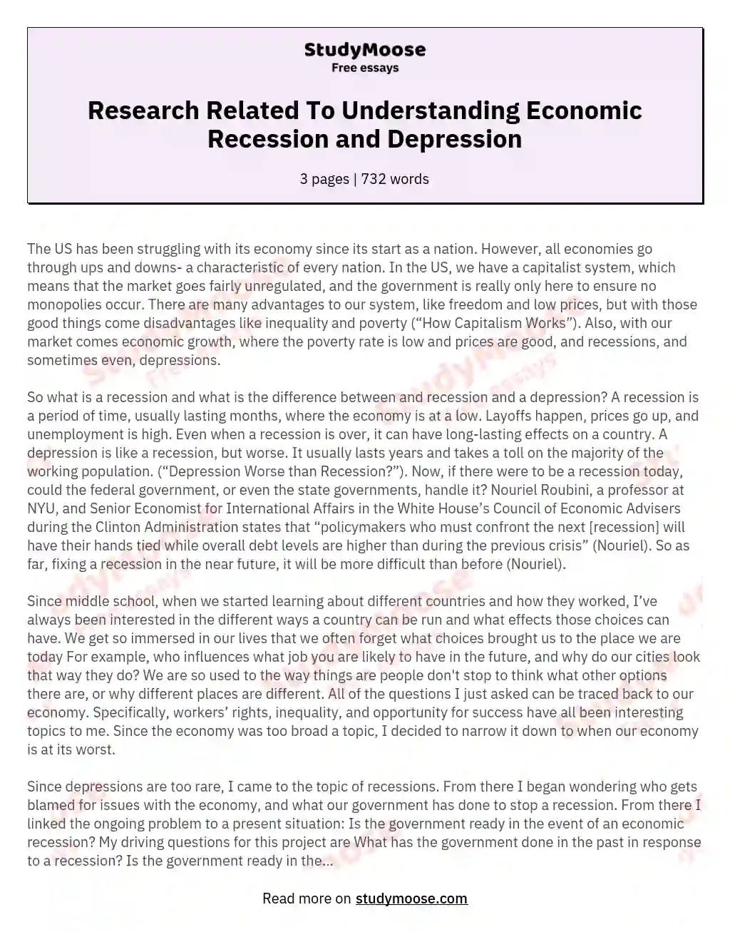 Research Related To Understanding Economic Recession and Depression essay