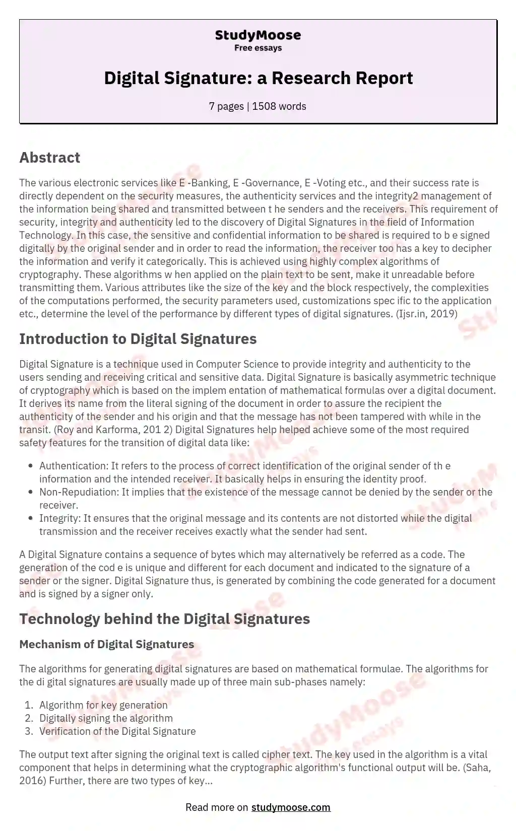 Digital Signature: a Research Report essay