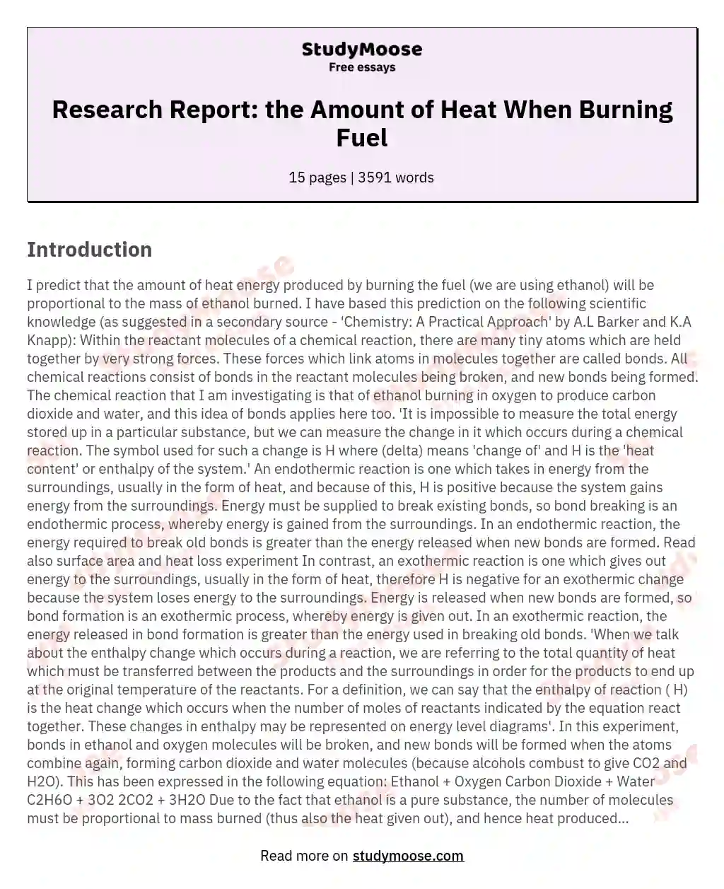 Research Report: the Amount of Heat When Burning Fuel essay