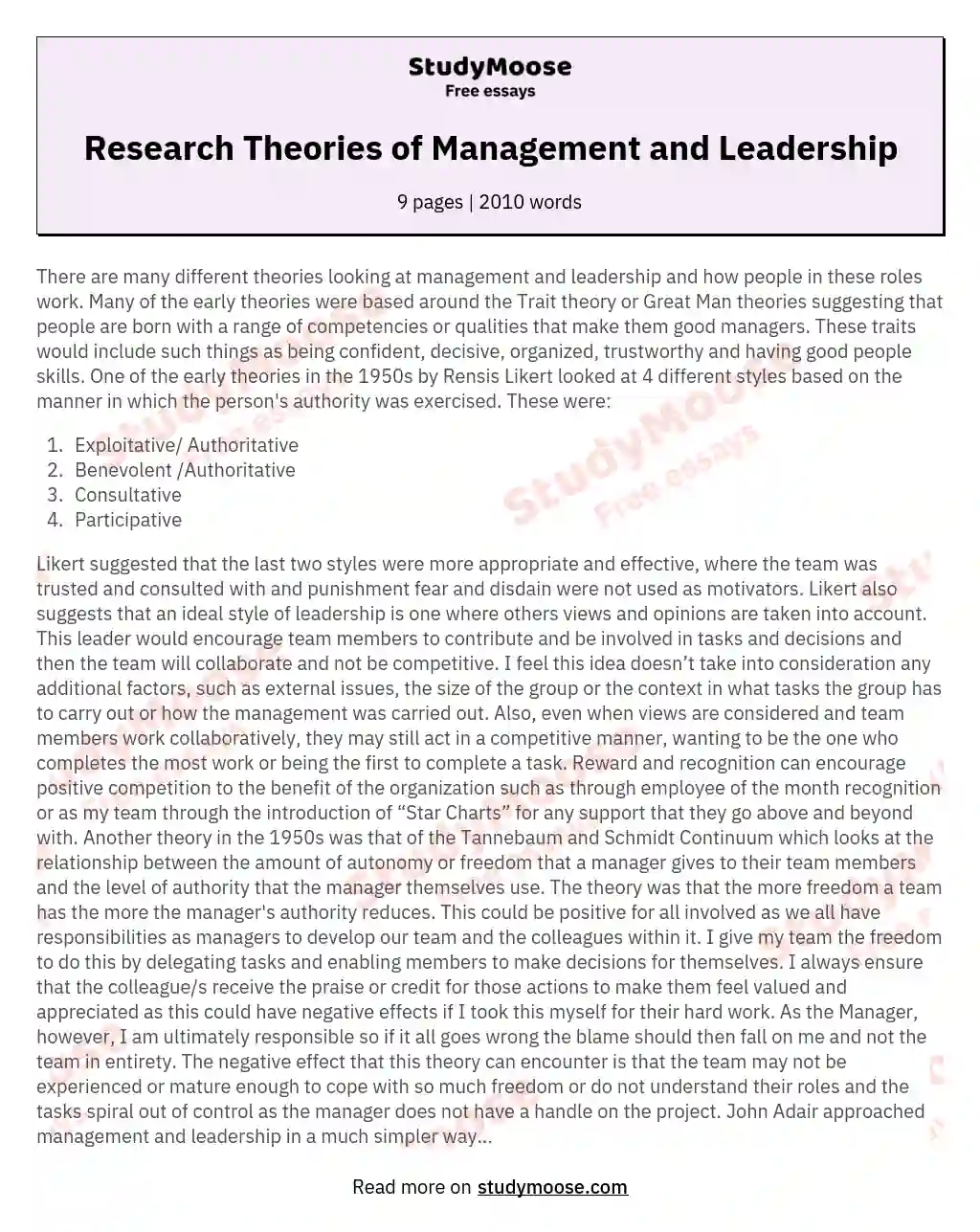 Research Theories of Management and Leadership essay