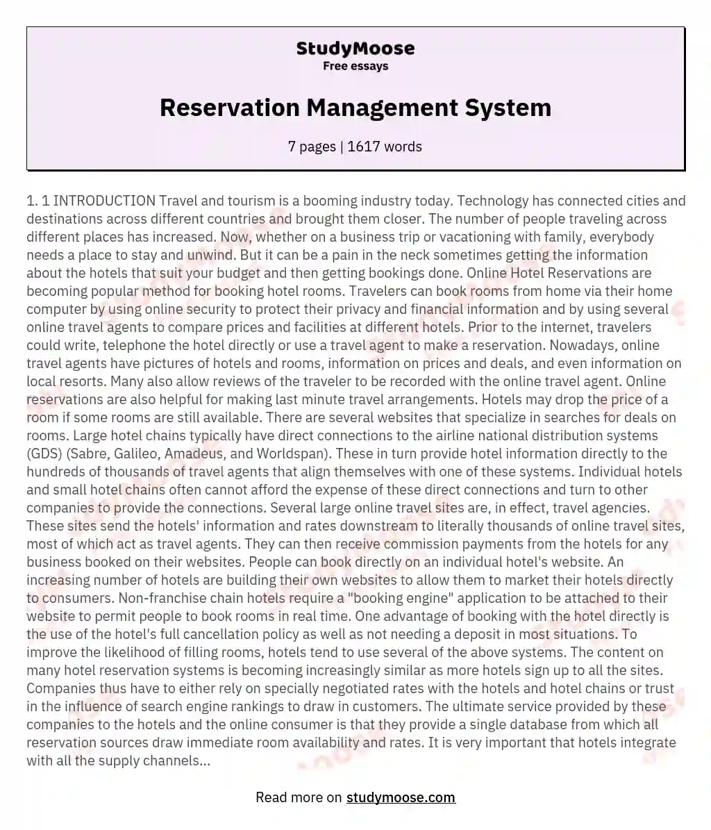Reservation Management System essay