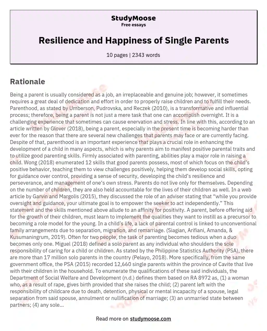 Resilience and Happiness of Single Parents