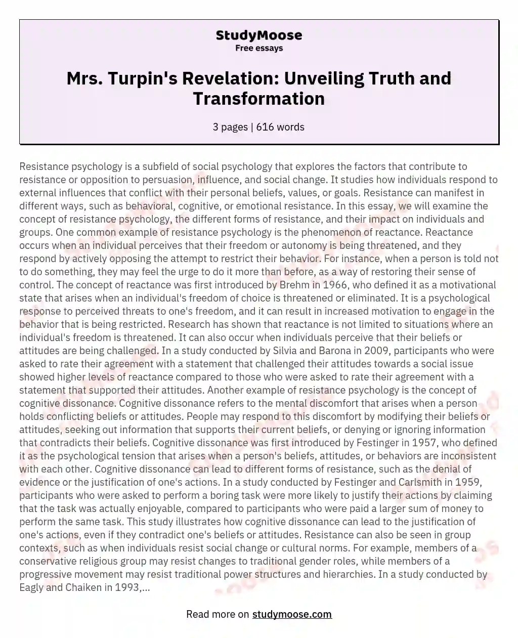 Mrs. Turpin's Revelation: Unveiling Truth and Transformation essay