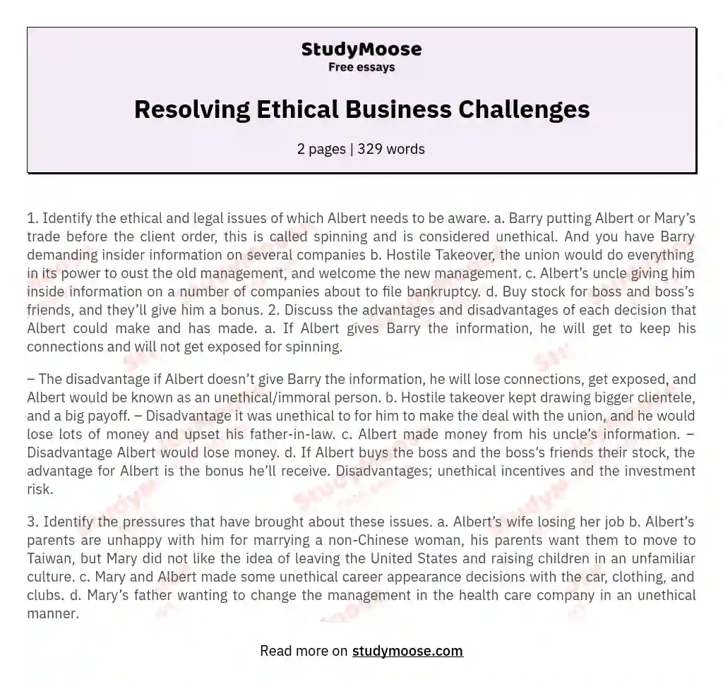 Resolving Ethical Business Challenges essay