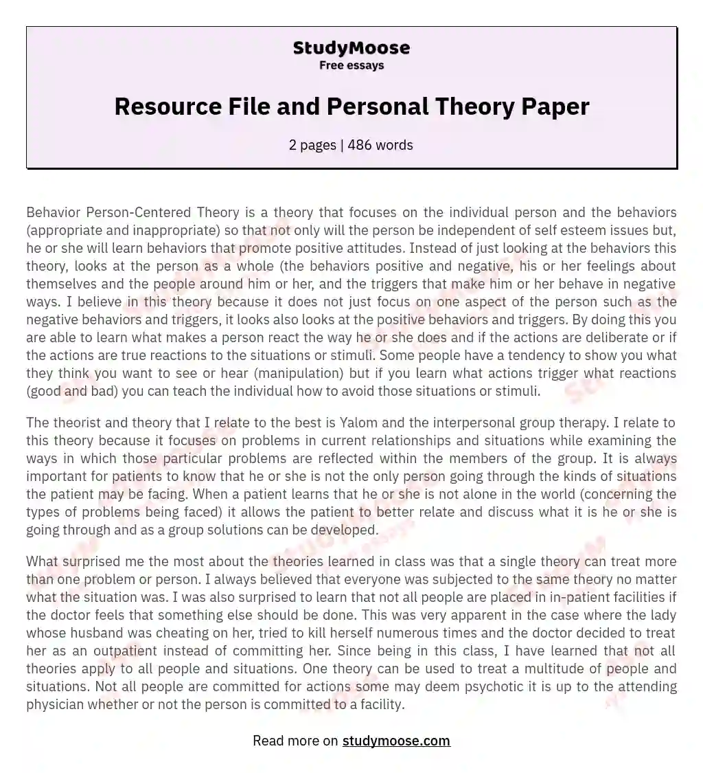 Resource File and Personal Theory Paper essay