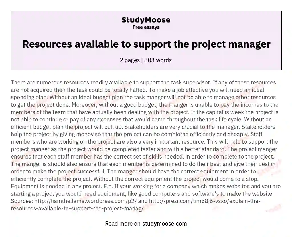 Resources available to support the project manager essay