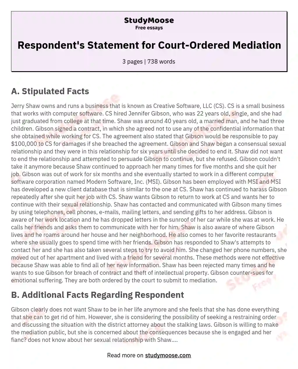 Respondent's Statement for Court-Ordered Mediation essay