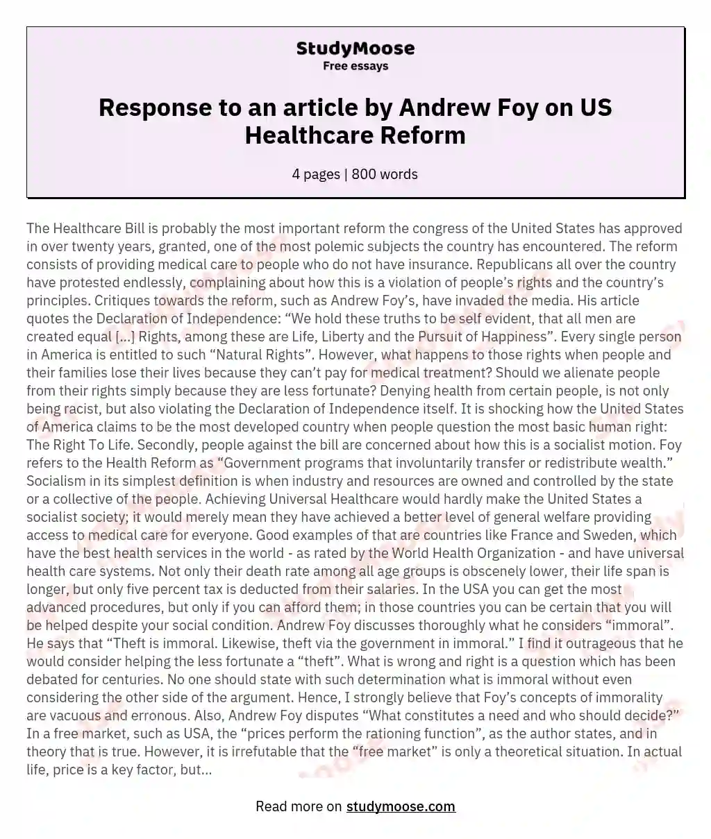 Response to an article by Andrew Foy on US Healthcare Reform essay