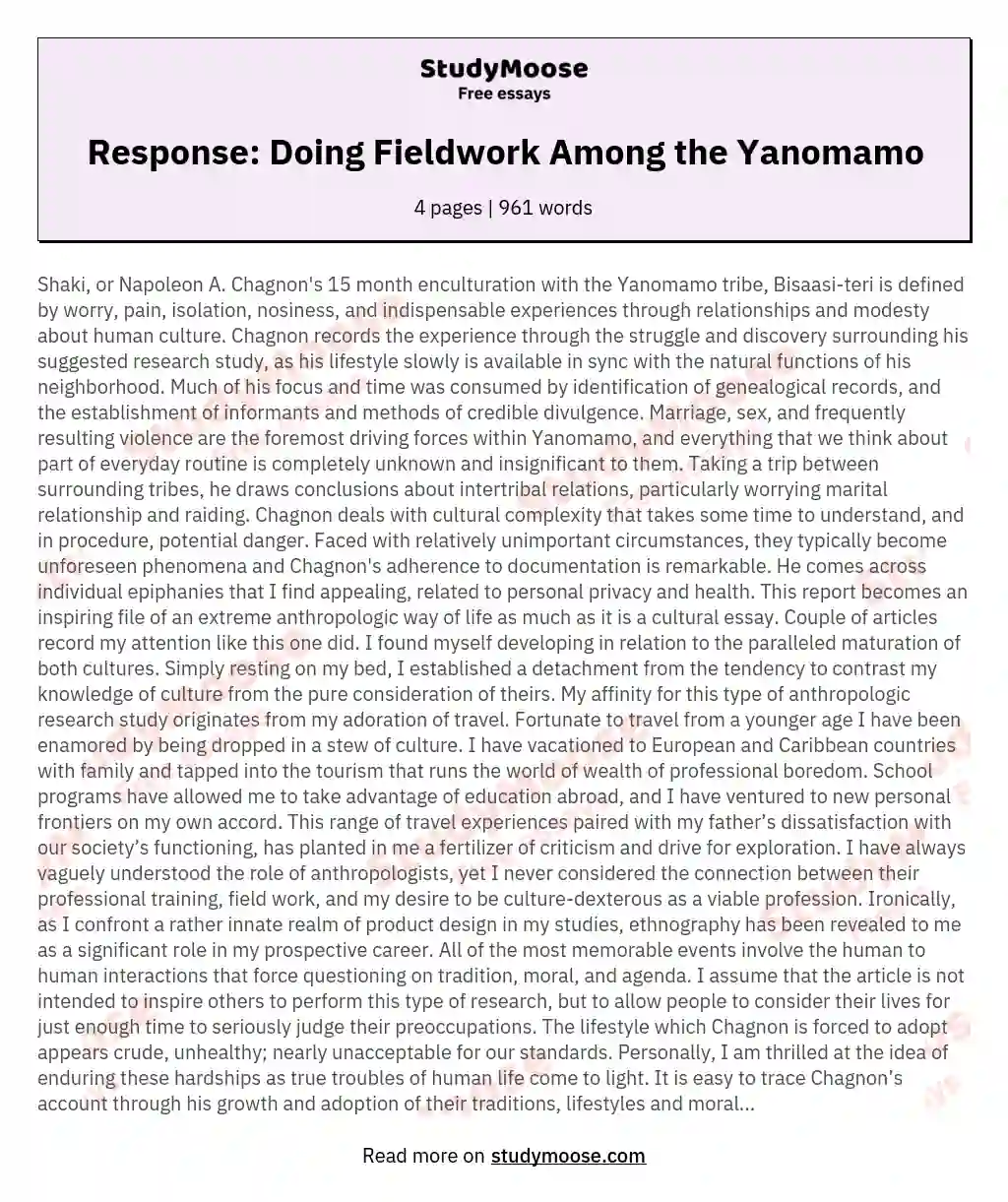 Response: Doing Fieldwork Among the Yanomamo essay