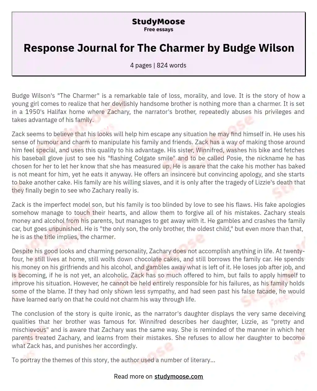 Response Journal for The Charmer by Budge Wilson essay