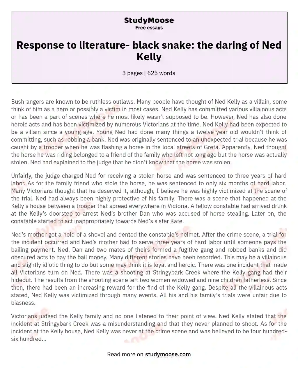 Response to literature- black snake: the daring of Ned Kelly