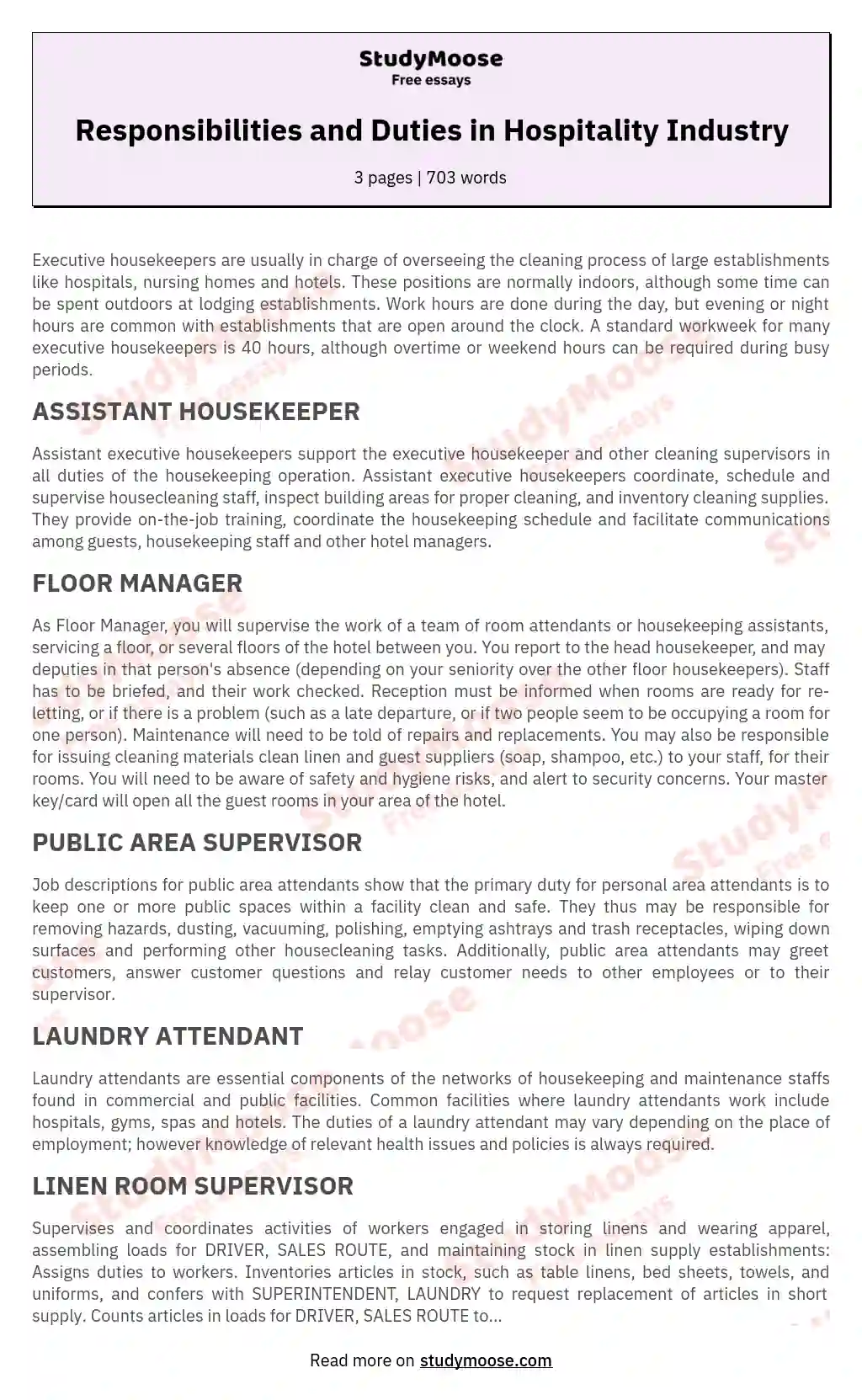 Responsibilities and Duties in Hospitality Industry