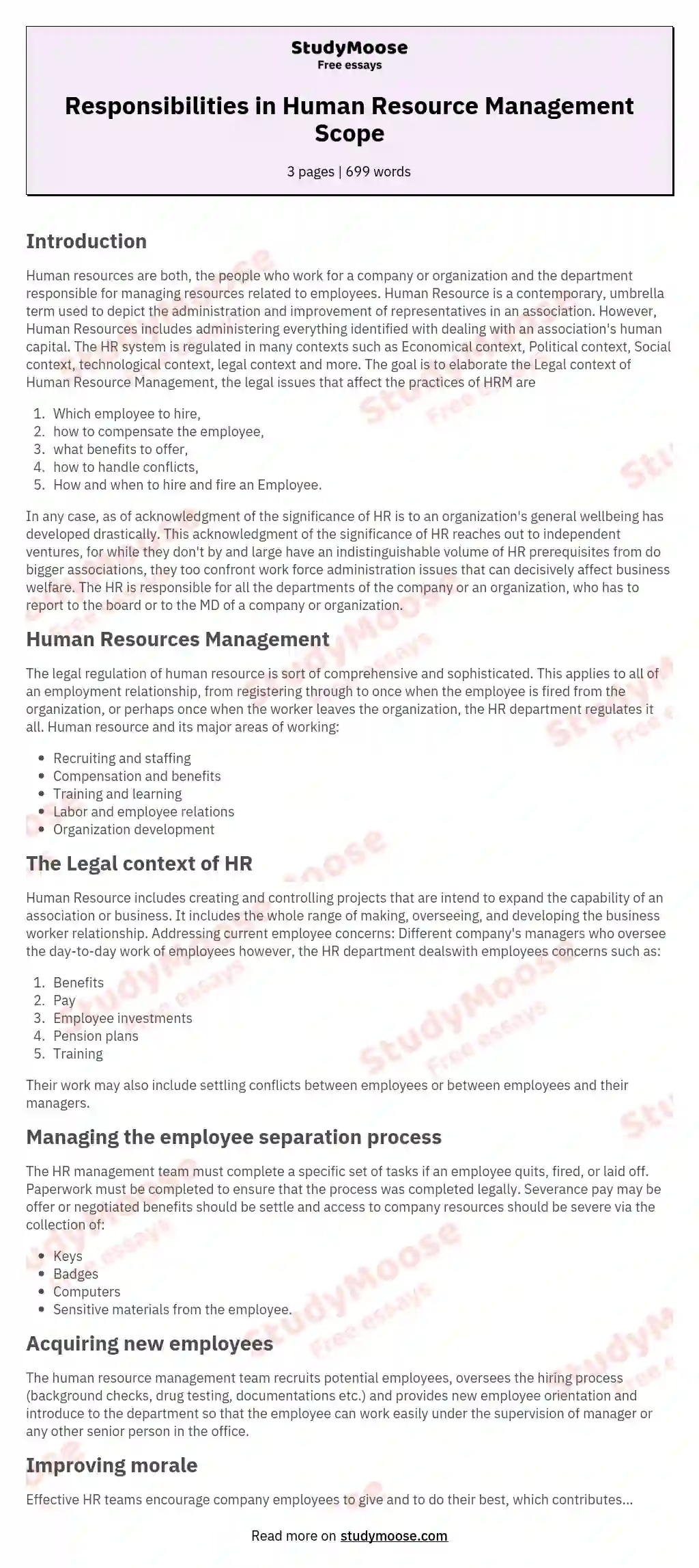 Responsibilities in Human Resource Management Scope essay