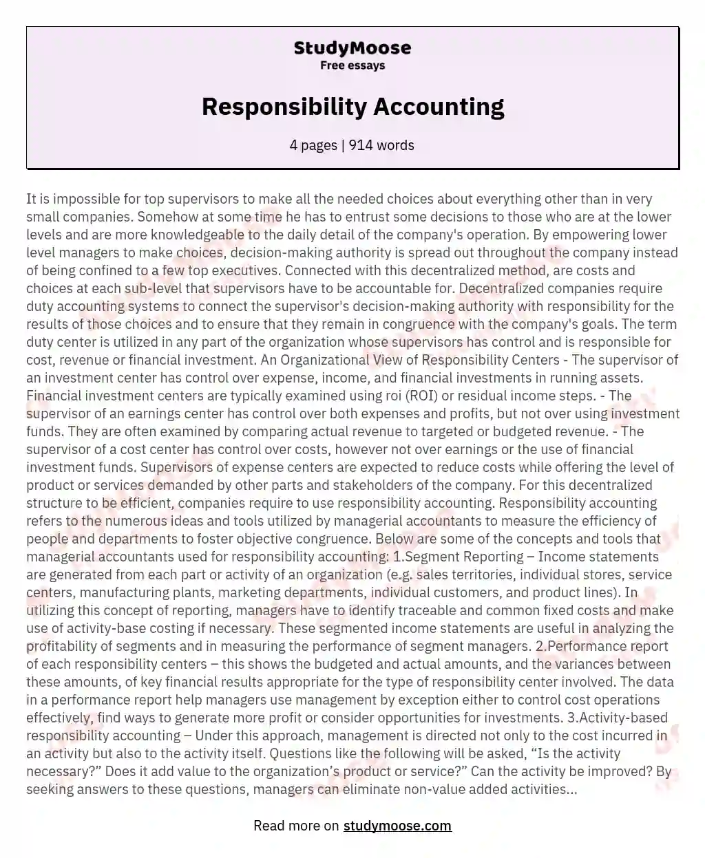 Responsibility Accounting essay