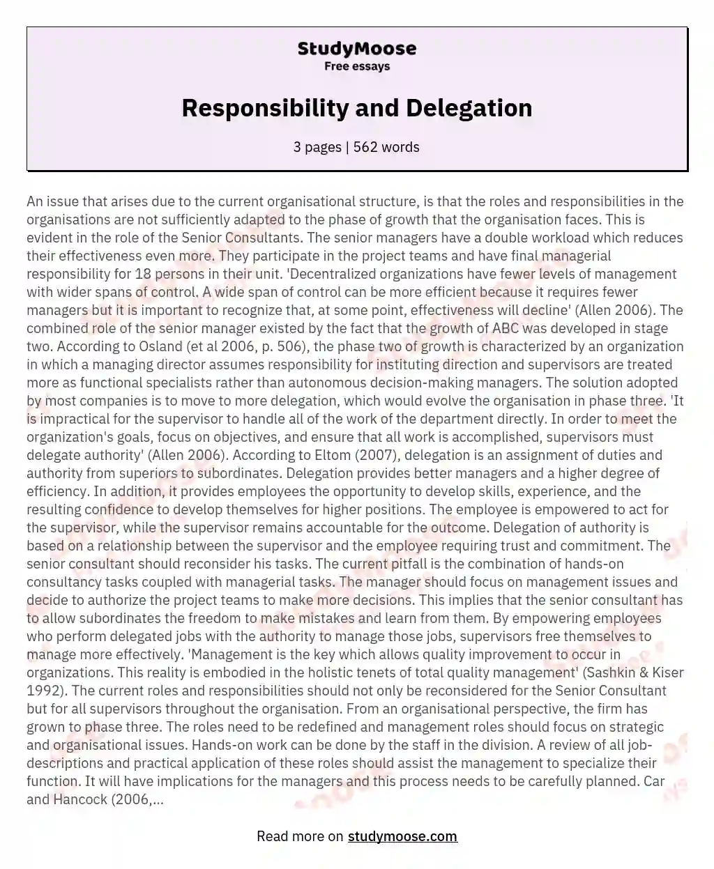 Responsibility and Delegation essay