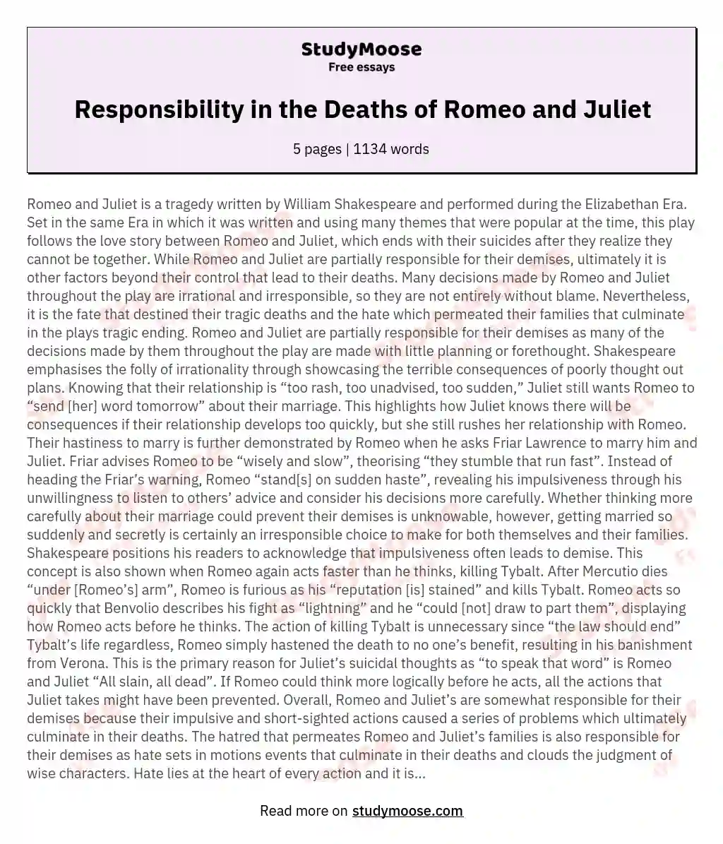 Responsibility in the Deaths of Romeo and Juliet
