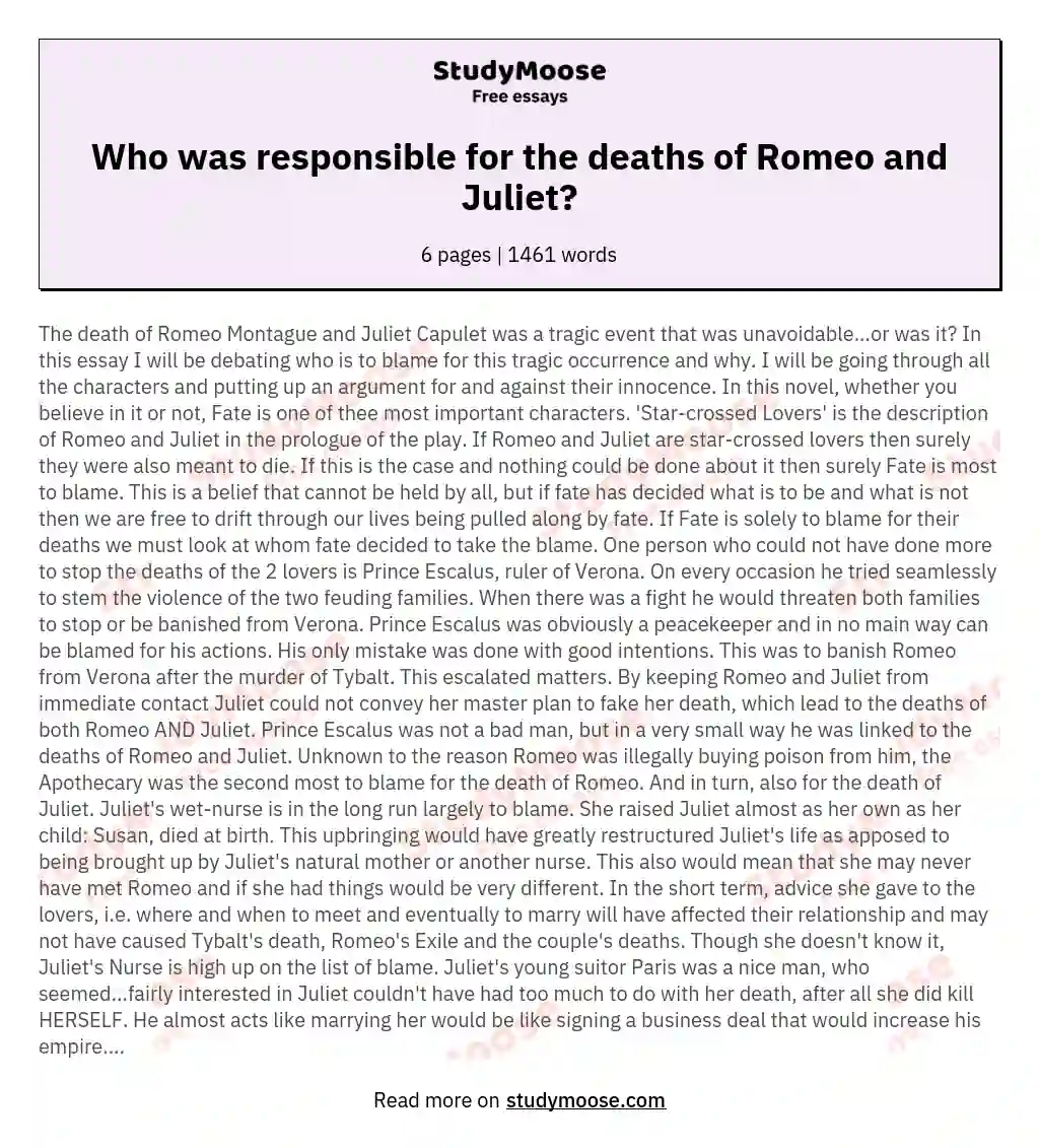 Who was responsible for the deaths of Romeo and Juliet? essay