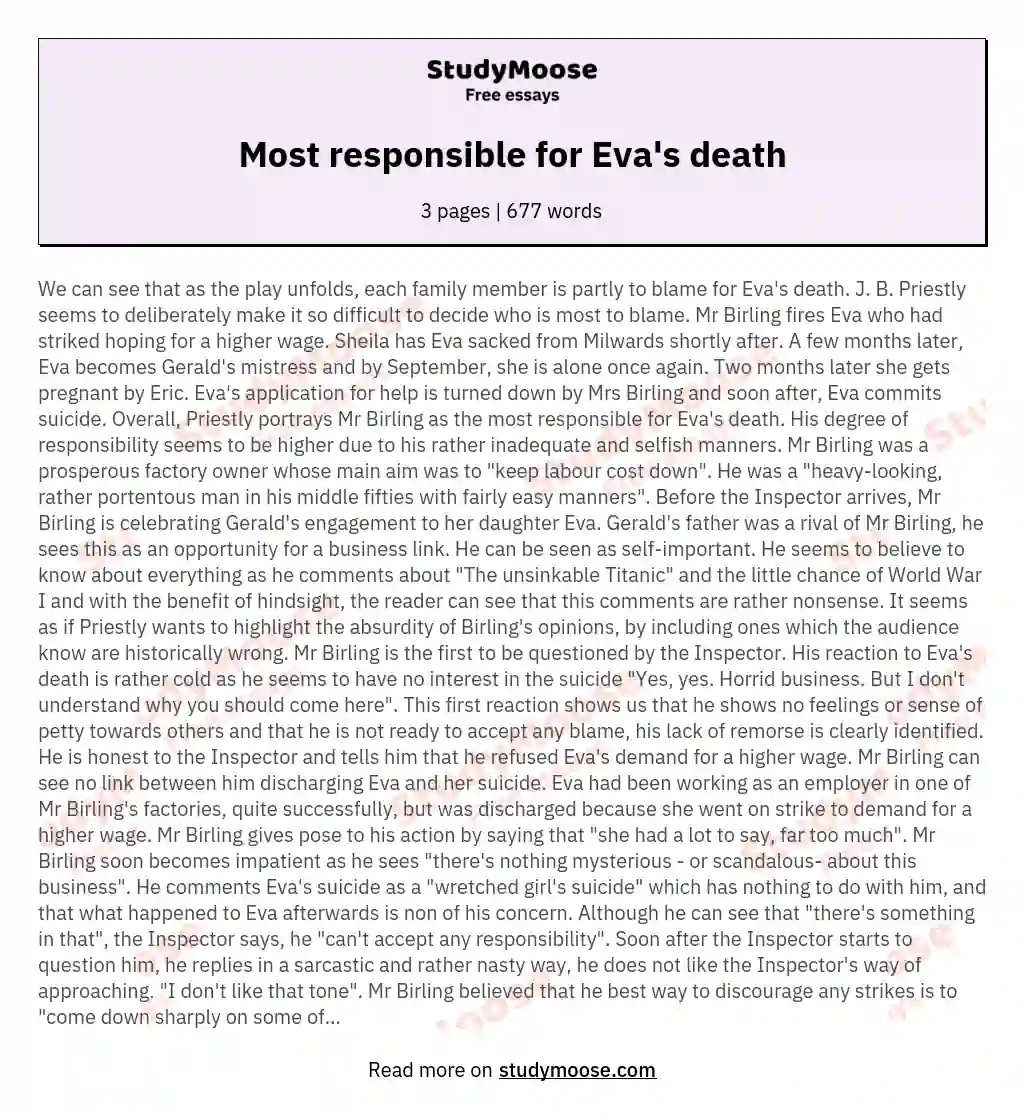 Most responsible for Eva's death essay