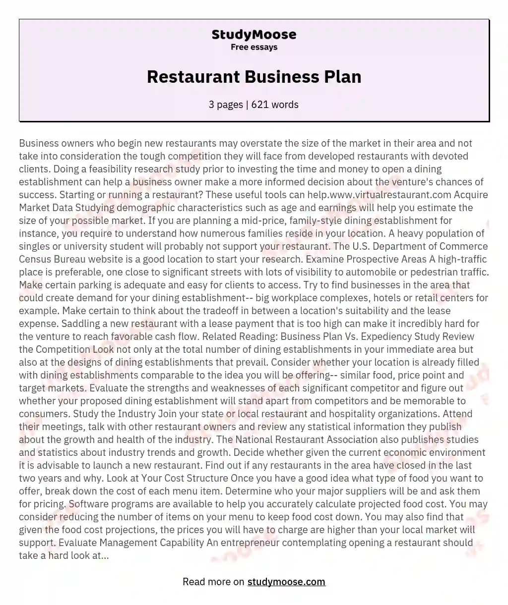 Restaurant Business Plan Free Essay Example For Why Write A Restaurant Enterprise Plan