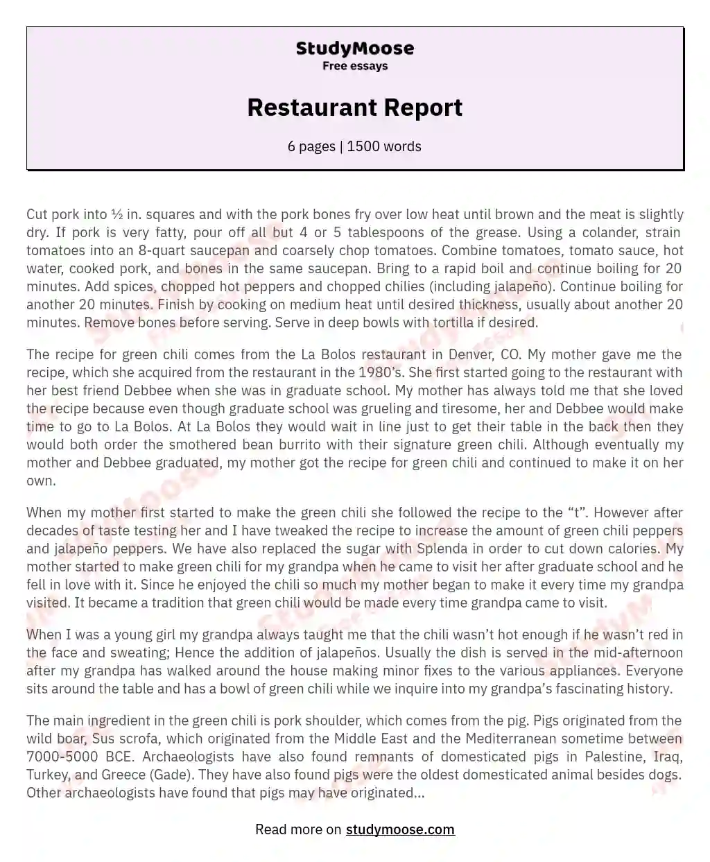 Restaurant Report essay