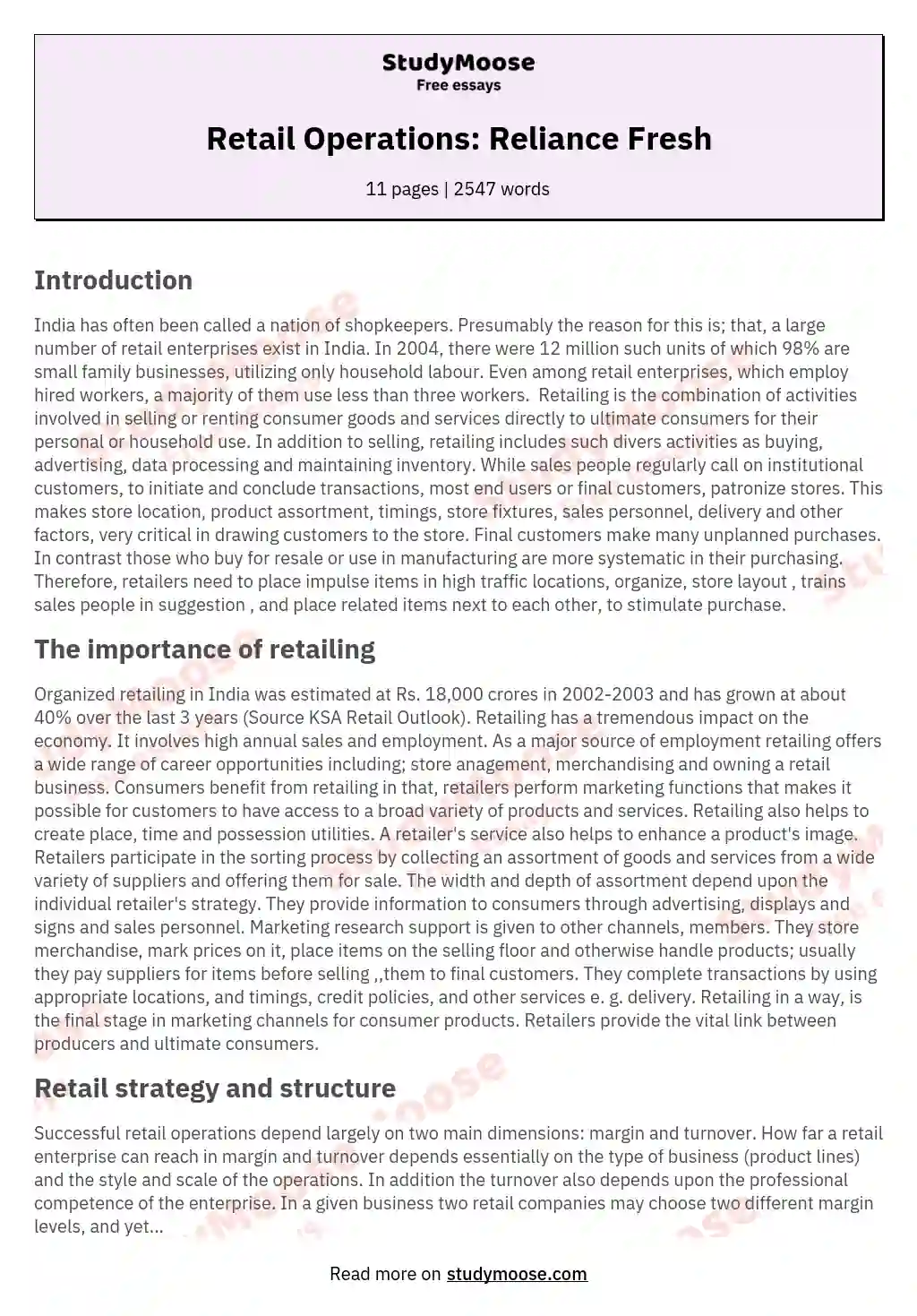 Retail Operations: Reliance Fresh essay