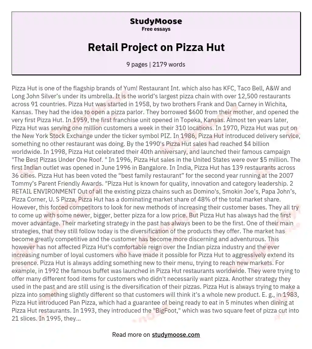 Retail Project on Pizza Hut essay