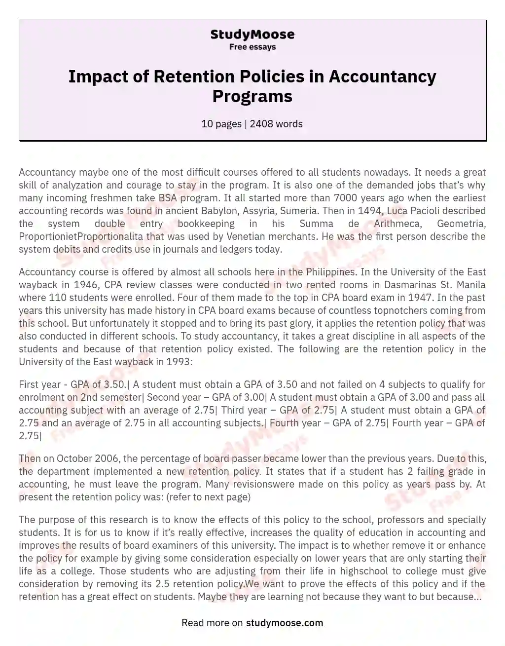 Impact of Retention Policies in Accountancy Programs essay