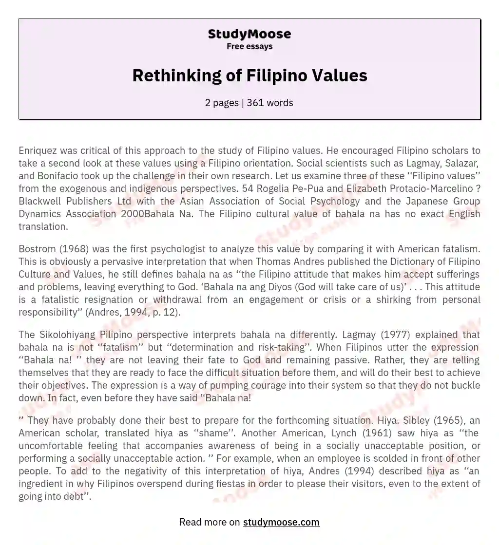 Rethinking of Filipino Values essay