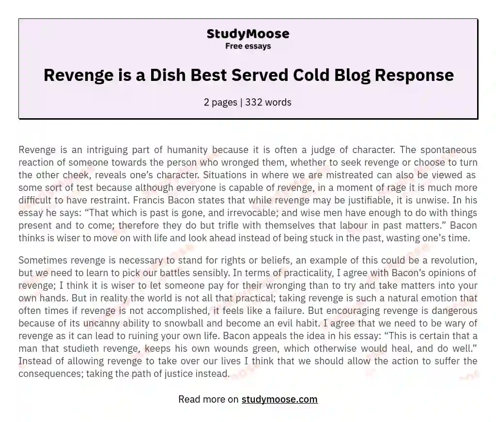 Revenge is a Dish Best Served Cold Blog Response essay