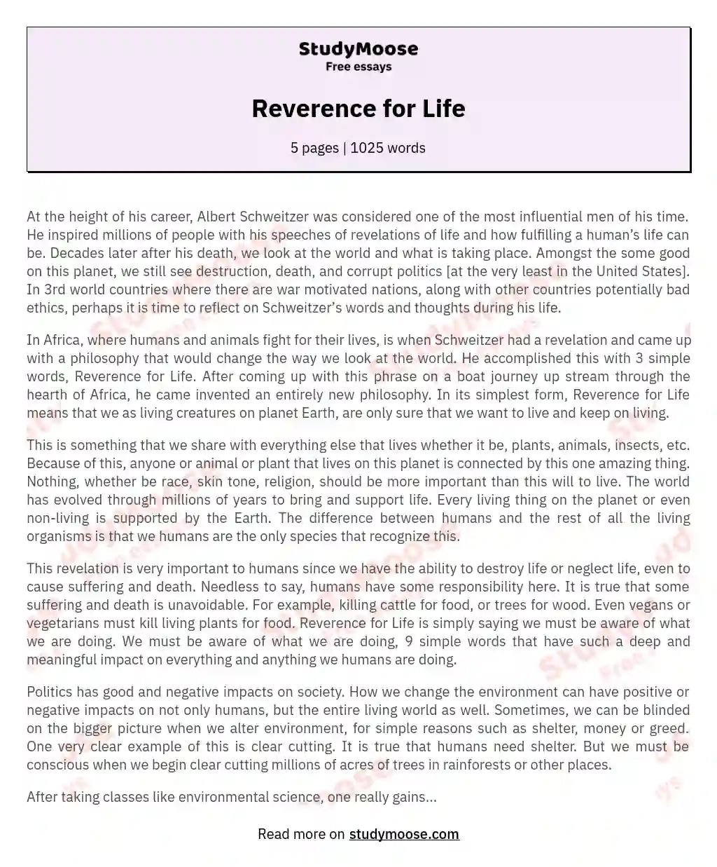Reverence for Life essay