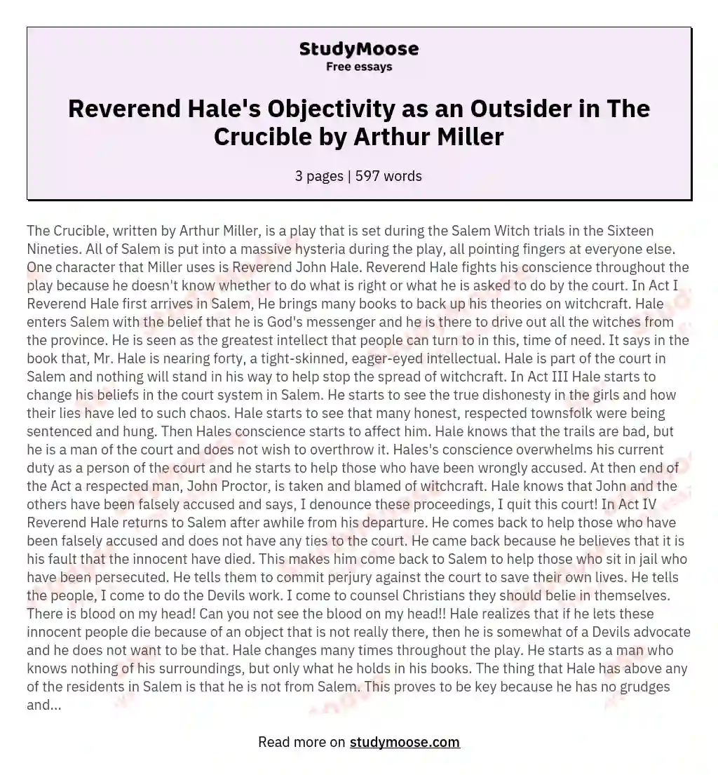 Reverend Hale's Objectivity as an Outsider in The Crucible by Arthur Miller essay