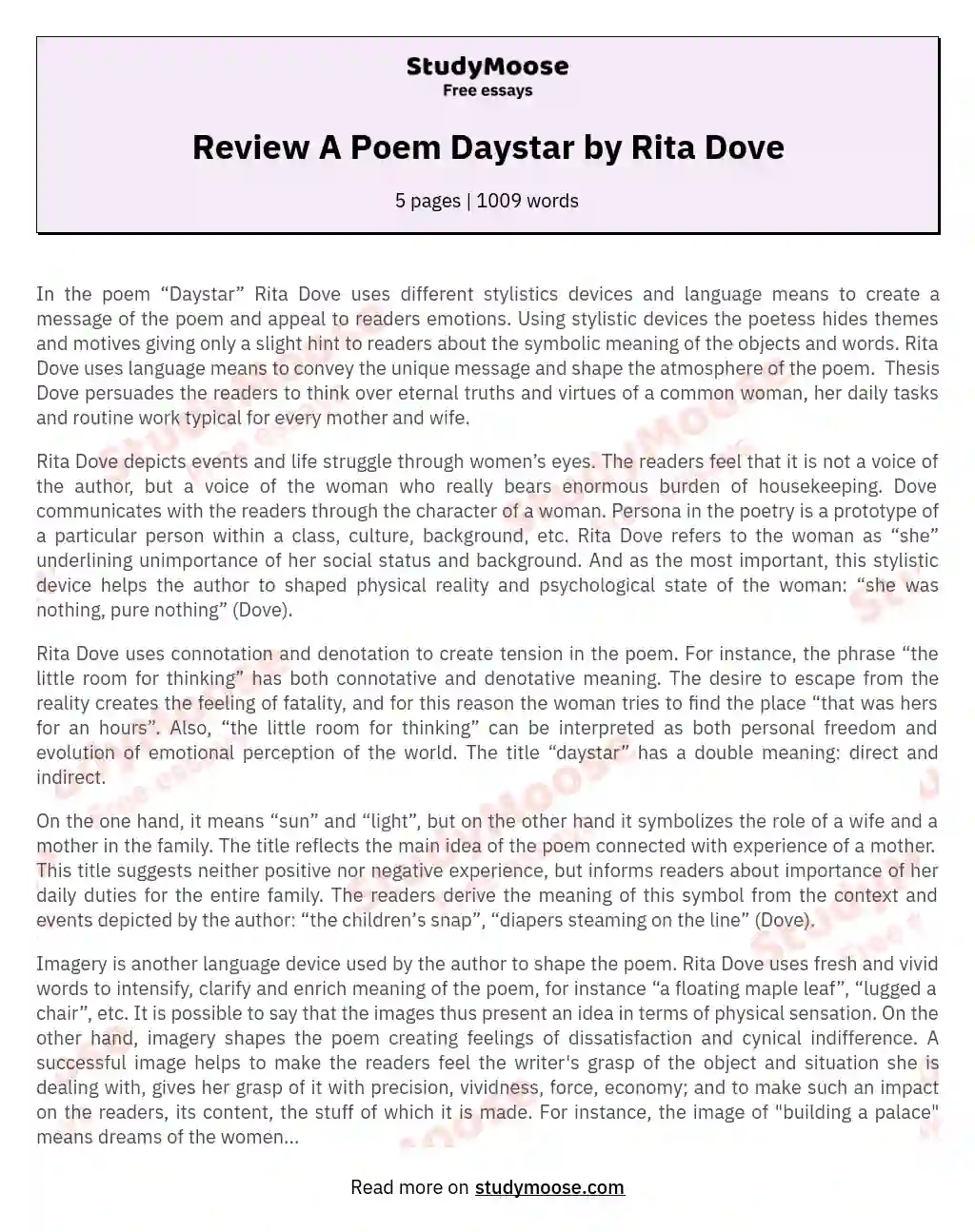 Review A Poem Daystar by Rita Dove essay