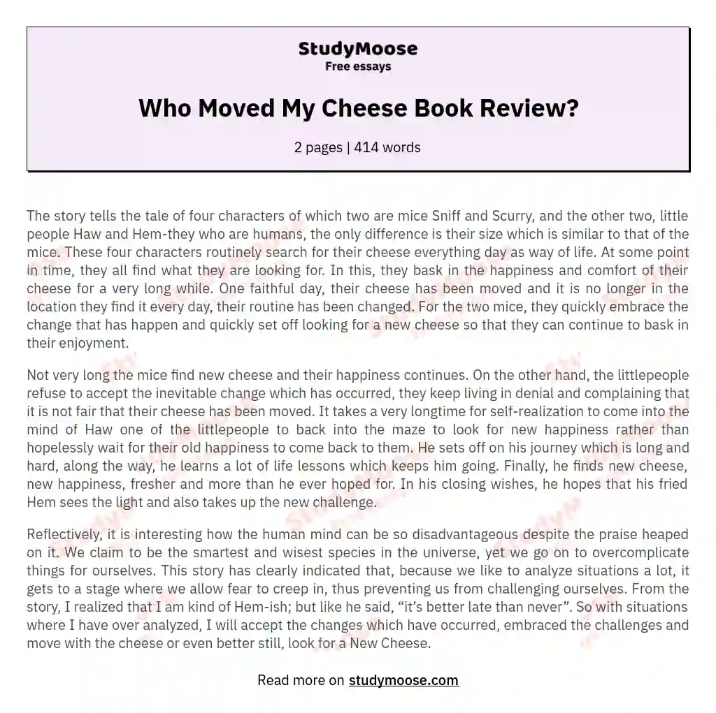 Who Moved My Cheese Book Review? essay