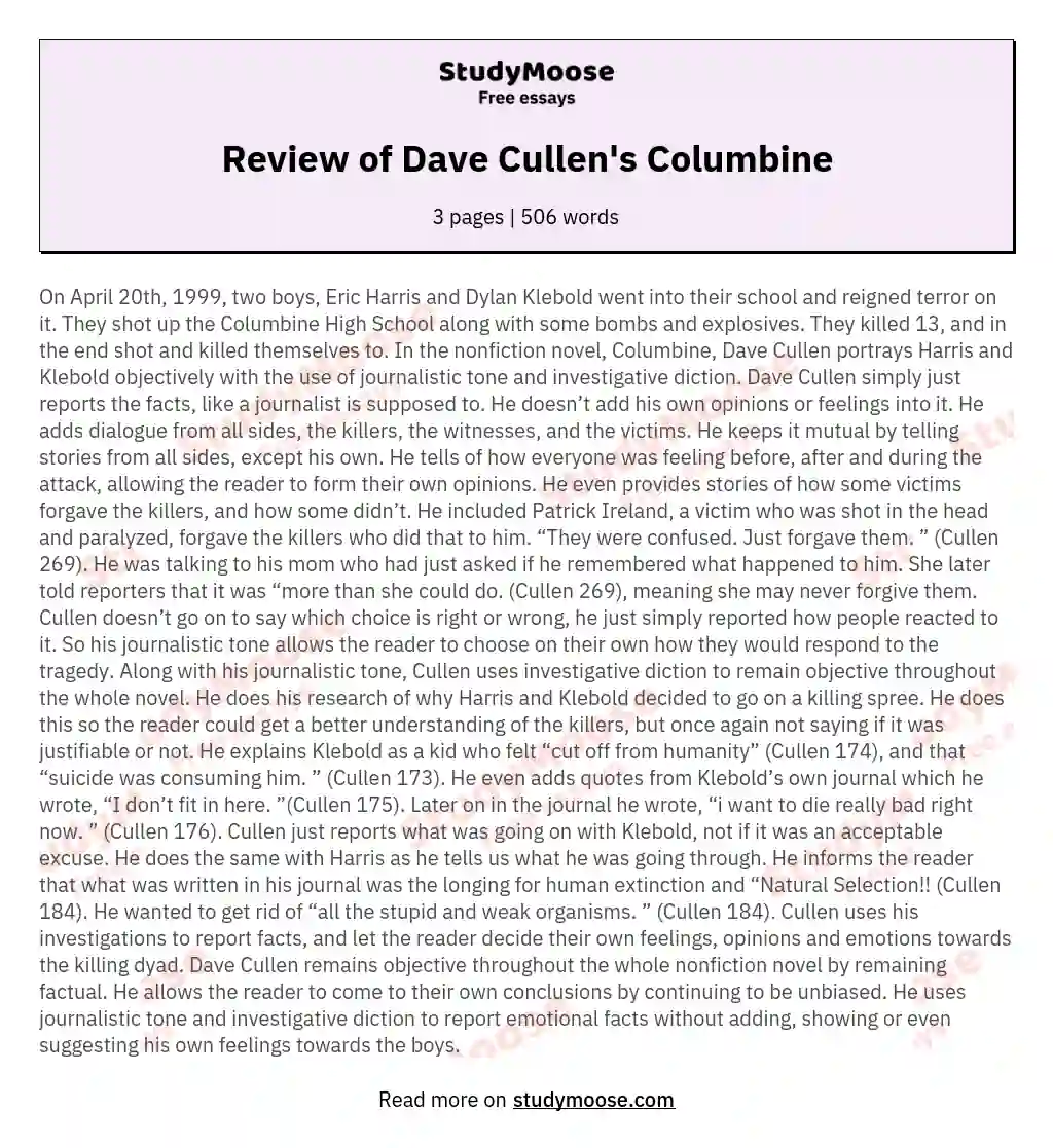 Review of Dave Cullen's Columbine essay