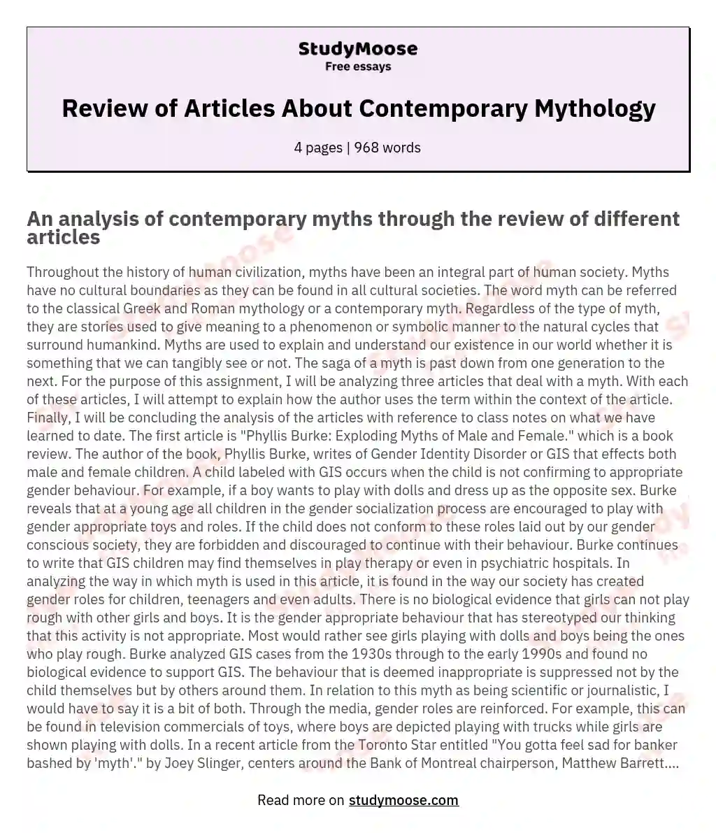 Review of Articles About Contemporary Mythology essay