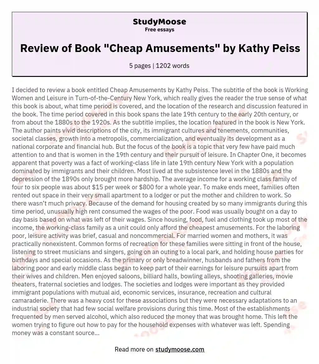 Review of Book "Cheap Amusements" by Kathy Peiss essay
