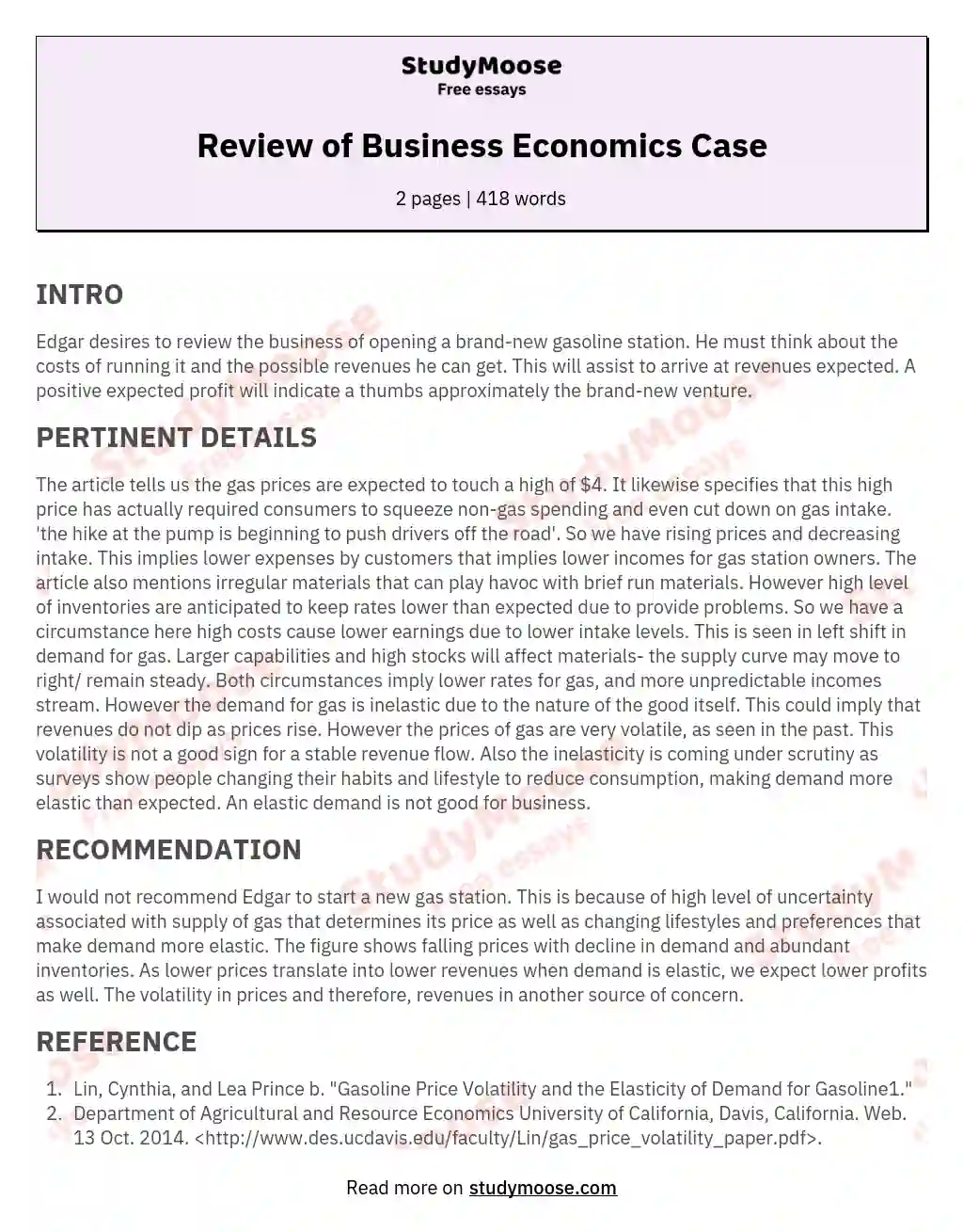 Review of Business Economics Case essay