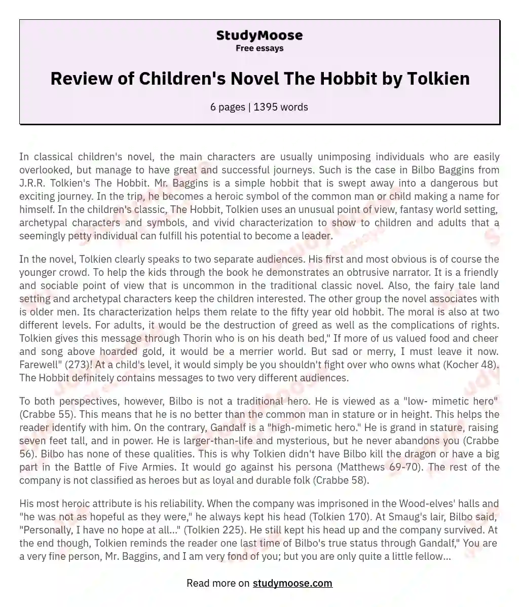 Review of Children's Novel The Hobbit by Tolkien essay