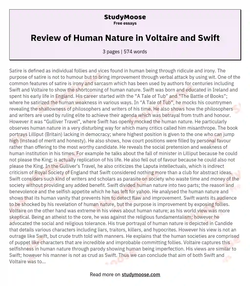 Review of Human Nature in Voltaire and Swift essay