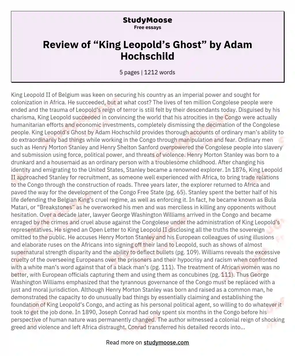 Review of “King Leopold’s Ghost” by Adam Hochschild essay