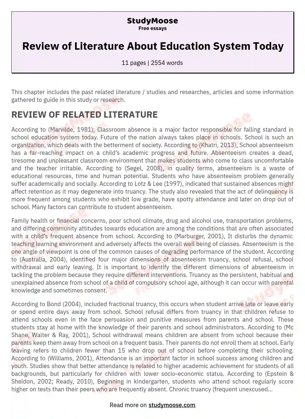 Review of Literature About Education System Today essay