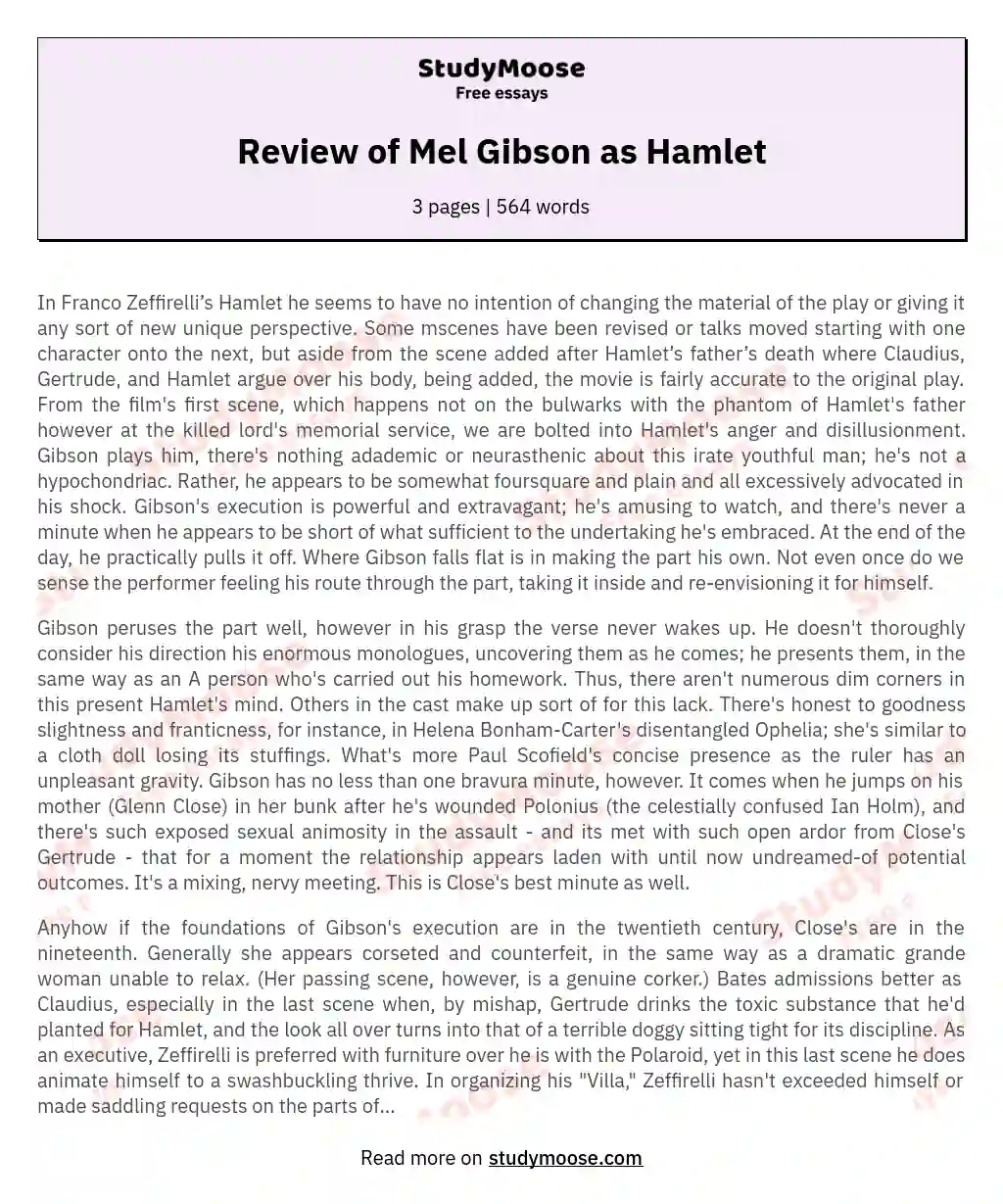 Review of Mel Gibson as Hamlet essay